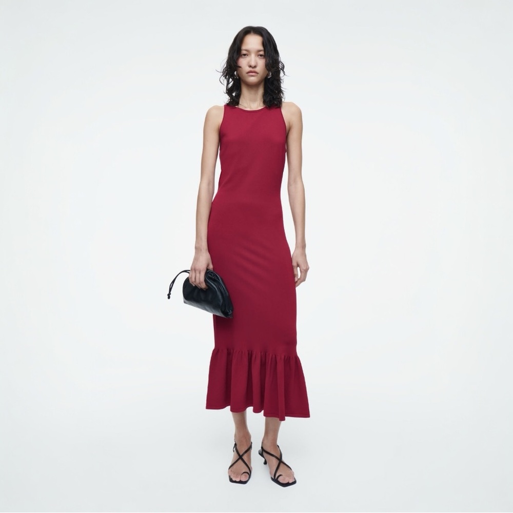 COS Red Midi Dress L Sleeveless Bodycon Ruffle Hem Minimalist Occasion Dress